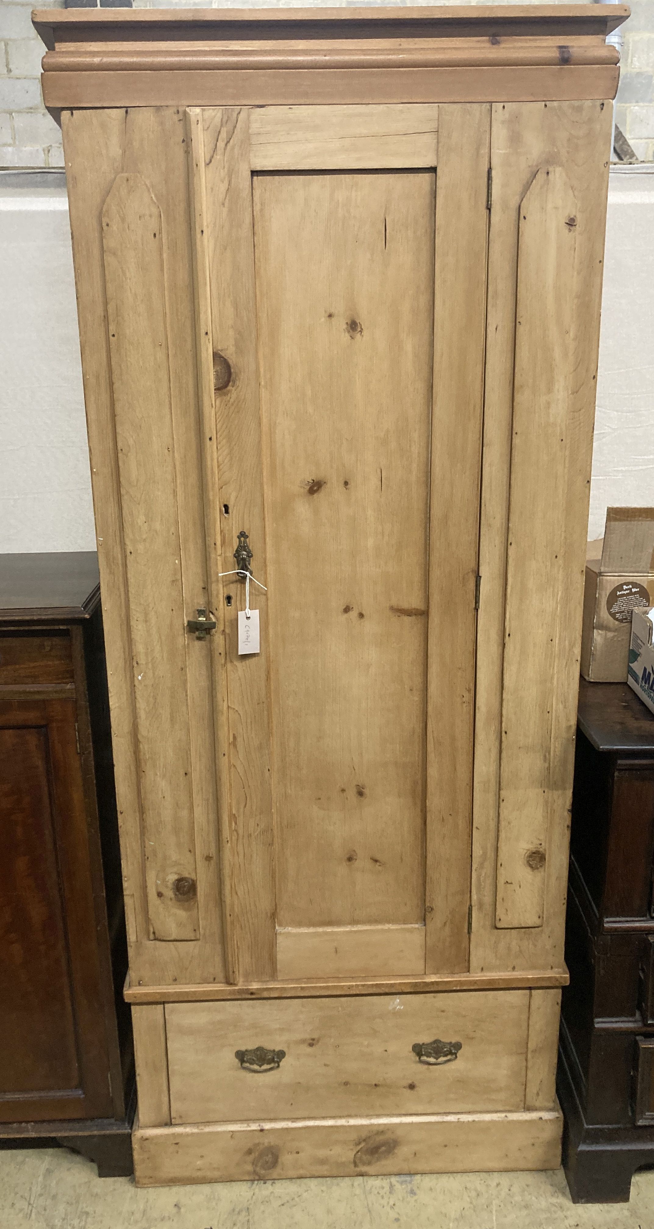 A Victorian pine single door wardrobe, width 79cm, depth 42cm, height 193cm